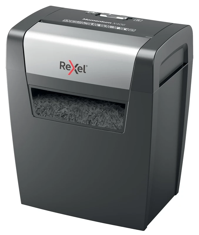 Rexel Momentum X406 Cross Cut Paper Shredder, Shreds 7-6 Sheets (70-80 gsm), 15 Litre Bin, Black, 2104569