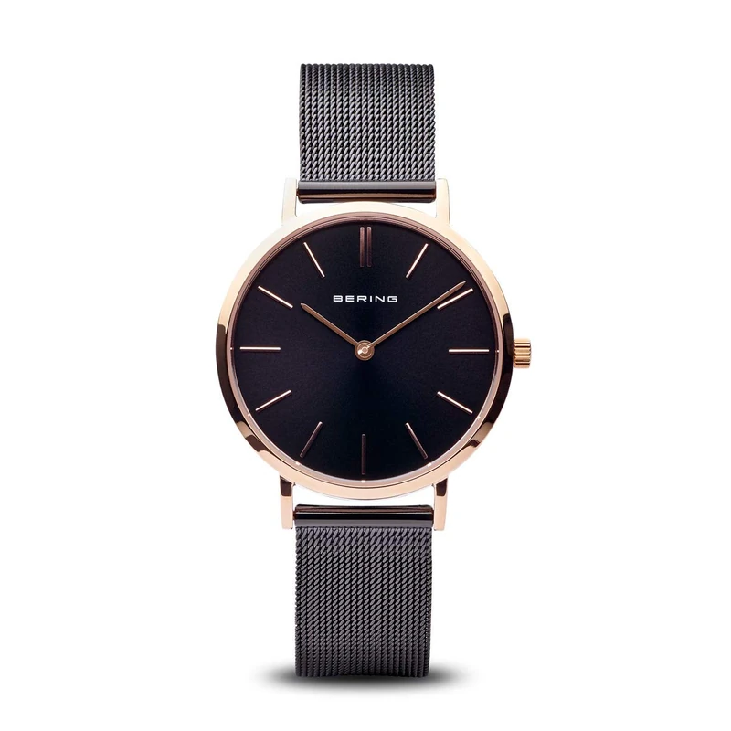 BERING Women Analog Quartz Classic Collection Watch with stainless steel Strap and Sapphire Crystal 14134-166, Black/Rose Gold, 34 (EU)