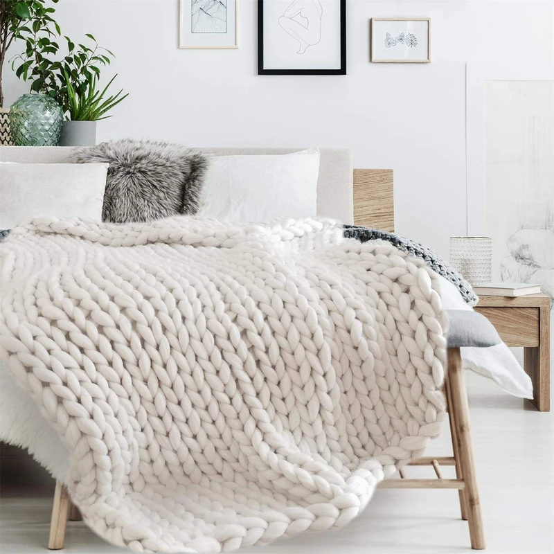 HOME DECO FACTORY TX8072 Chunky Chunky Knit Fleece Blanket Ecru, Acrylic, One Size