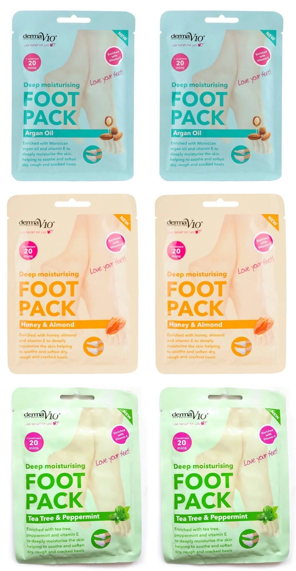 Derma V10 Foot Pack Mask (6 Pack) Deep Moisturising (Tea Tree & Peppermint, Honey & Almond, Argan Oil)