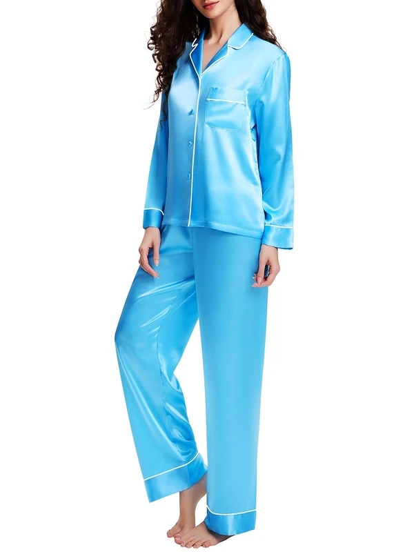 LONXU Womens Satin Pajamas Set SkyBlue L