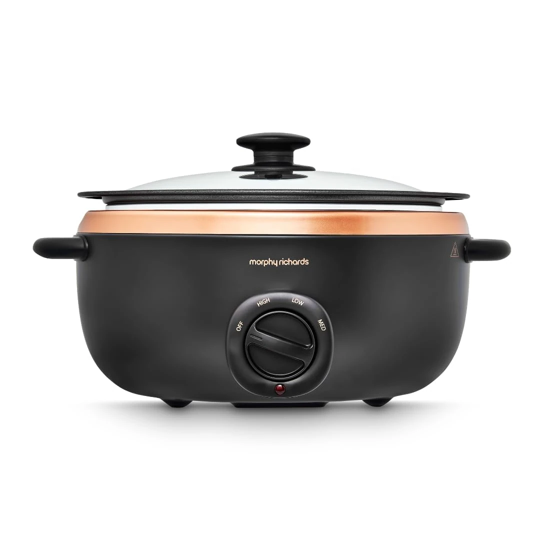 Morphy Richards 6.5L Sear and Stew Slow Cooker, Dishwasher Proof Non Stick Aluminum Pot, Cool Touch Handles, Matte Black and Rose Gold, 461016