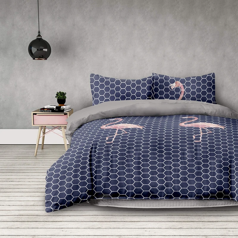 AmeliaHome Bed Linen Geometric Pattern Microfibre Zip Basic Collection Flamingo Dark Anthracite Graphite Pink, Microfibre, Flamingo Dark, 2 * 155x220 + 2 * 80x80 - Image 1
