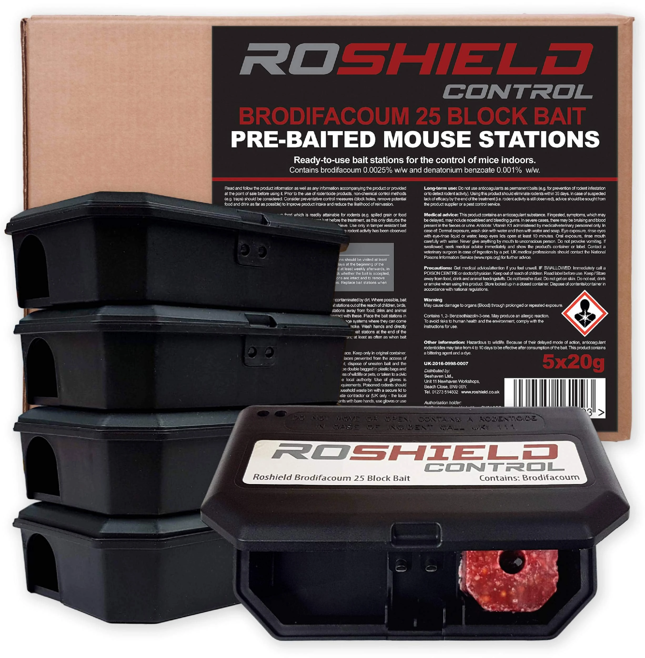 ROSHIELD - 5 PRE-BAITED Mouse Poisoning Bait Box Kit | Single Feed Mice Killer | Mouse Traps for indoor/Outdoor Fast & Safe Infestation Control | READY -TO USE, Brodifacoum Mice killer, UK Made