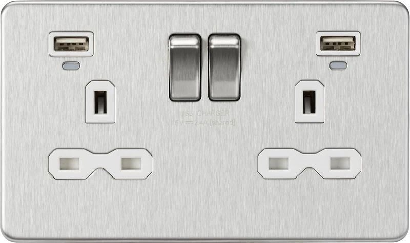 KNIGHTSBRIDGESFR9904NBCW SCREWLESS BRUSHED CHROME 13A 2G SWITCHED SOCKET [WHITE] W/DUAL USBCHARGER