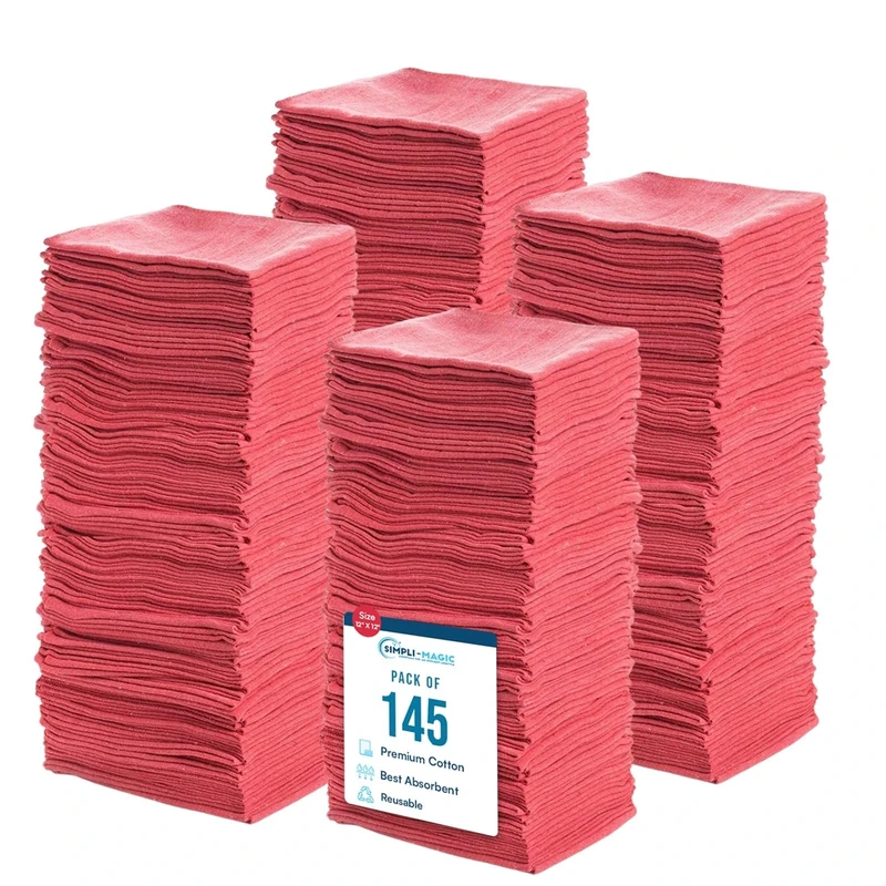 SIMPLI-MAGIC Cotton Shop Towels, Commercial Grade, Red, 145 Pack, Size: 14" x 12"