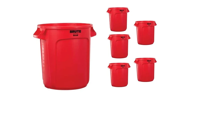 Rubbermaid Rubbk Commercial Products FG261000RED Brute Heavy-Duty Trash/Garbage Can, 10 Volts, Polyethylene, Red (Pack of 6)