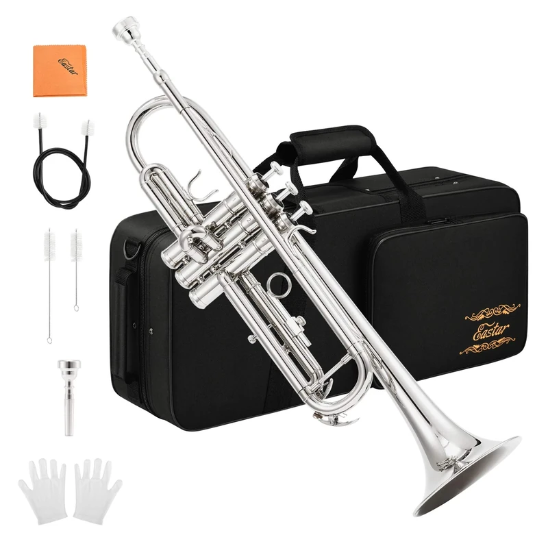 Eastar Bb Standard Trumpet Set for Beginner, Brass Student Trumpet Instrument with Hard Case, Cleaning Kit, 7C Mouthpiece Gloves, ETR-380N, Nickel