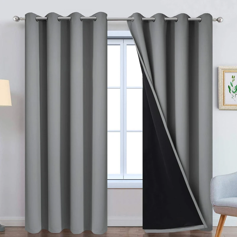 Yakamok 100% Blackout Curtains 96 Inches Long, Total Blackout Lined Curtain Panels for Bedroom, 2 Thick Layers Grommet Top Thermal Insulated Blackout Drapes for Living Room(52Wx96L, Grey, 2 Panels)