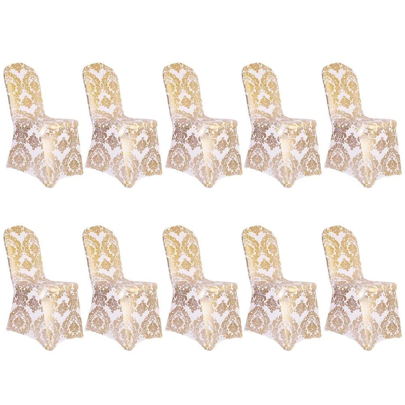 Desirable Life Pack of 10 Dining Chair Covers Bronzing Gold Flower Print Removable Washable Spandex Stretch Decorative Chair Slipcovers Set for Party Wedding Home Decorations - Gold+White - Image 1