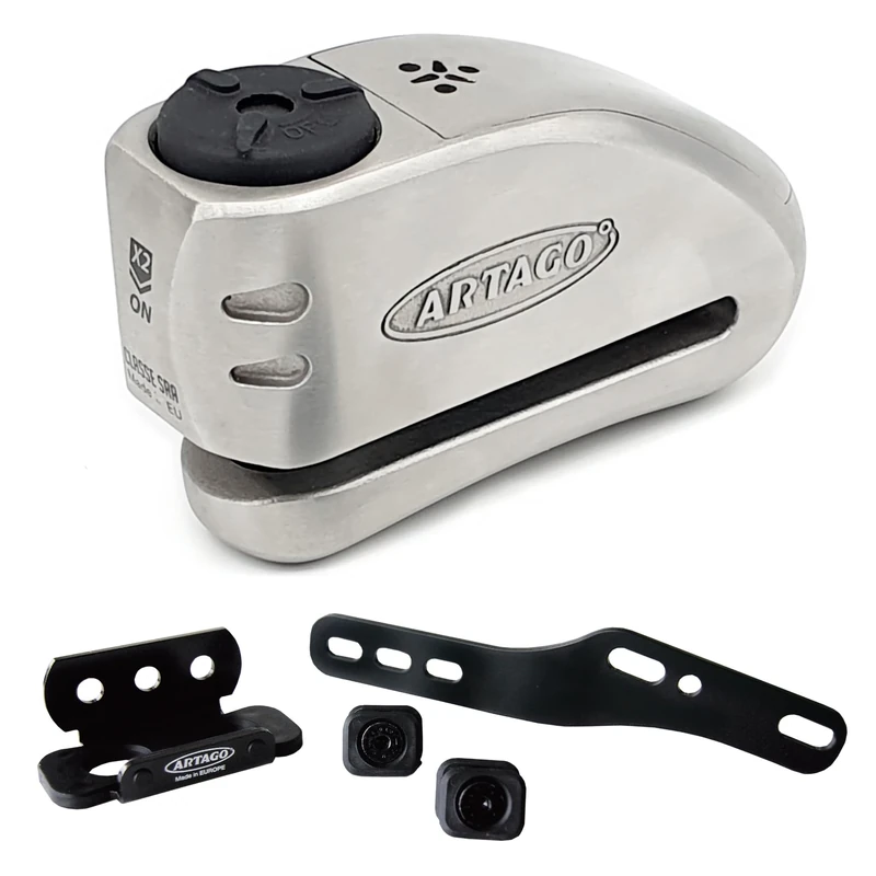Artago 32S2 Anti-Theft Disc Lock Alarm 120 db high range and support for yamaha mt-07 and tracer 700, S.A.A. lock, SRA approved, stainless steel