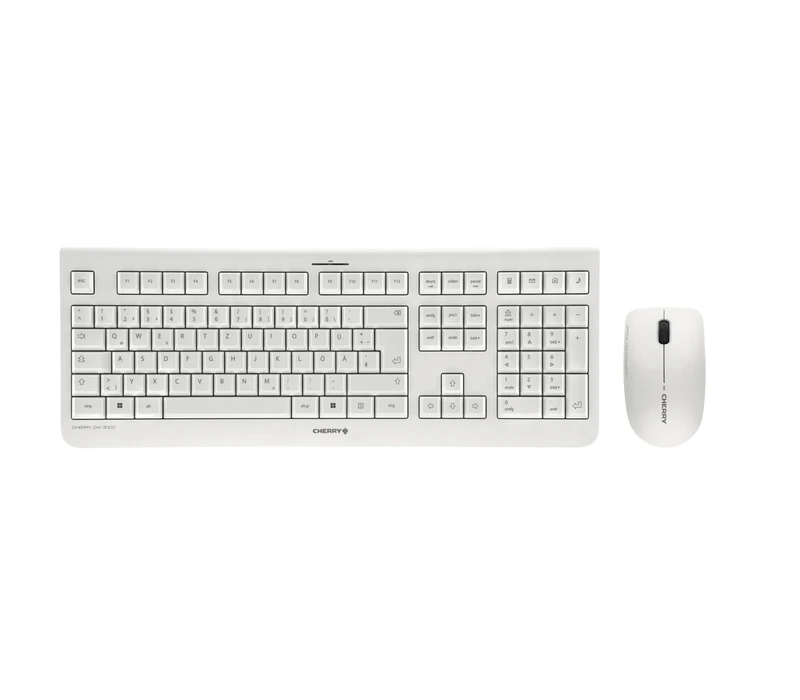 CHERRY DW 3000, Wireless Desktop Set, German Layout (QWERTZ), 2.4 GHz RF, Flat Design, Low-Noise Keys, Symmetrical Mouse, White-Grey