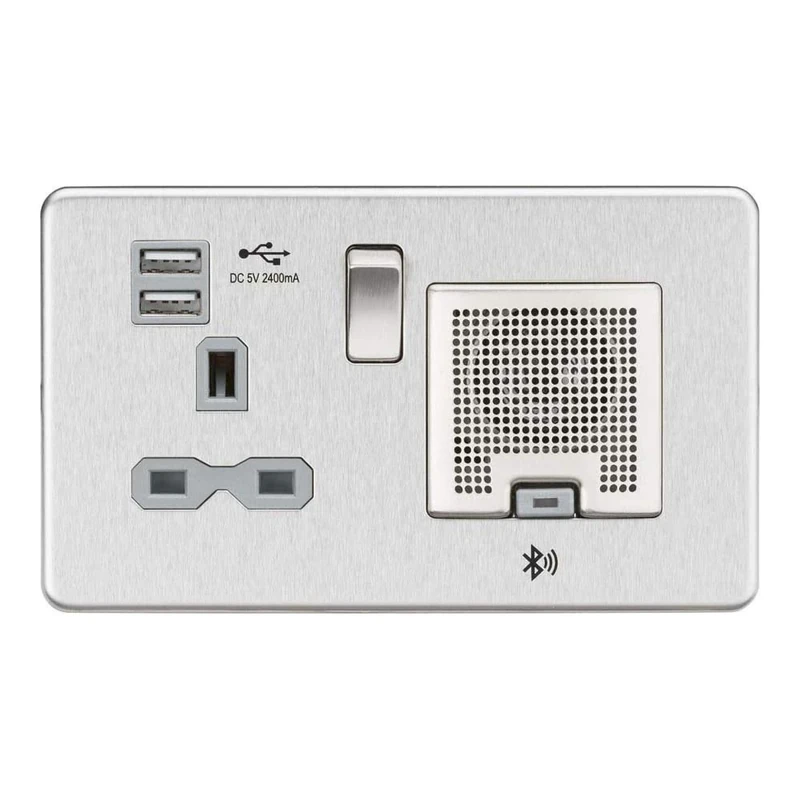 Knightsbridge SFR9905BCG Screwless Socket with 2.4 A USB Chargers and Bluetooth Speaker, Brushed Chrome with Grey Insert, 13 A
