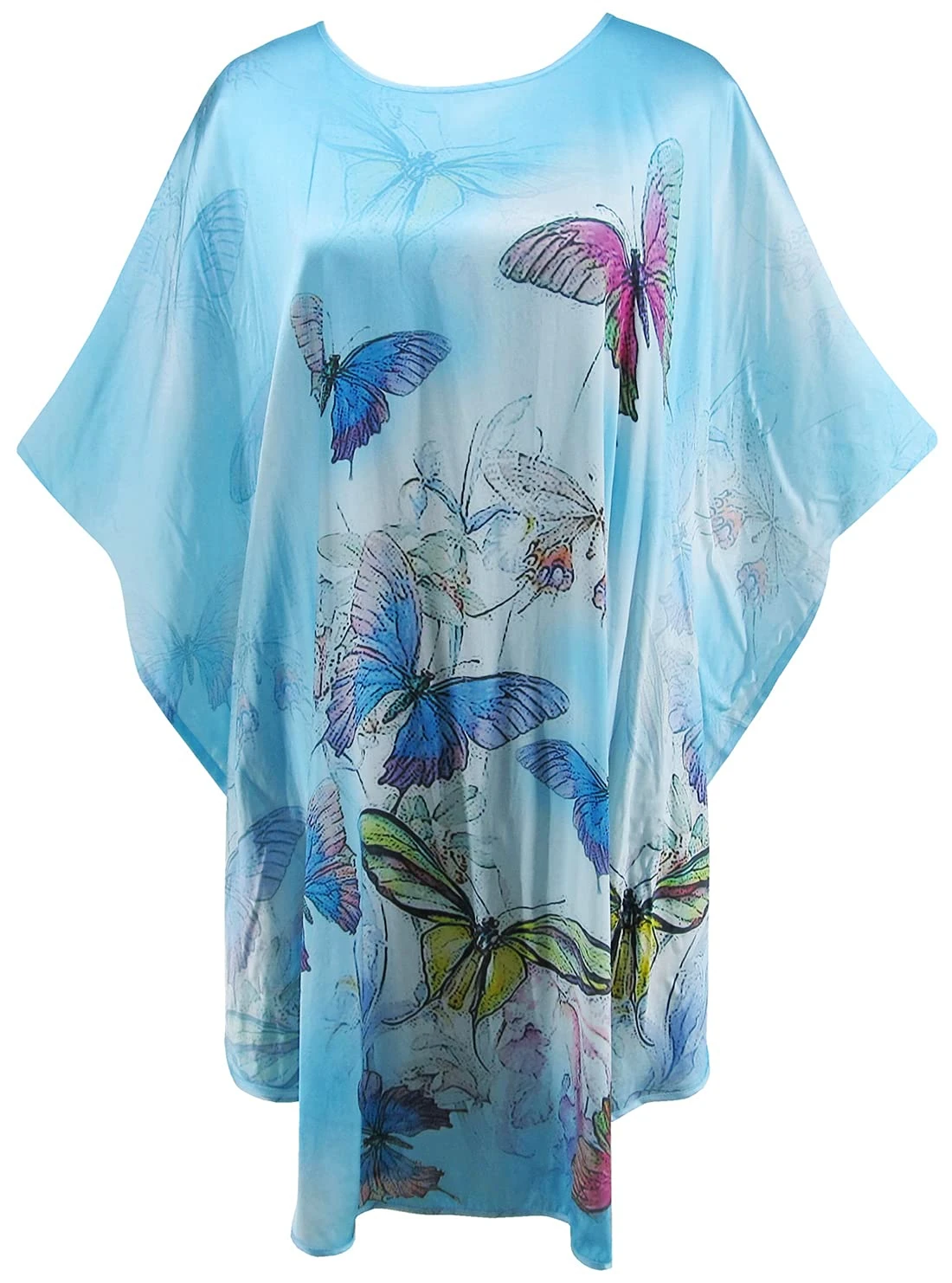 Ledamon Women's 100% Silk Short Robe Bathrobe Nightgown Pajama Sleepwear -Classic Batwing Sleeved (Silk, Light Blue)