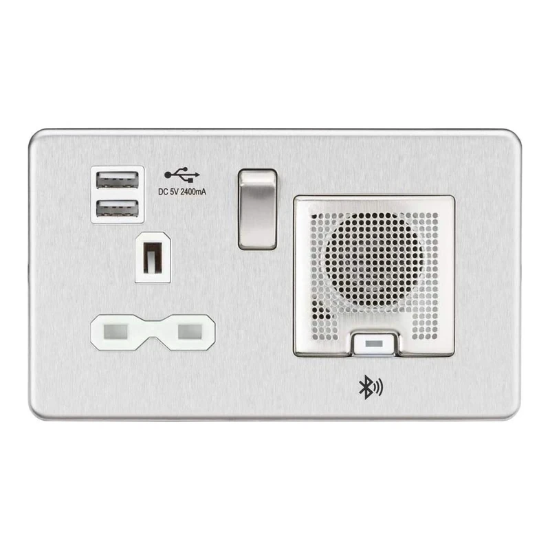 Knightsbridge SFR9905BCW Screwless Socket with 2.4 A USB Chargers and Bluetooth Speaker, Brushed Chrome with white Insert, 13 A