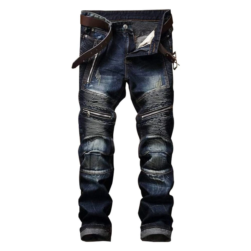 AITITIA Men's Biker Zipper Deco Washed Straight Fit Jeans, Dark Blue, 32 - Image 1