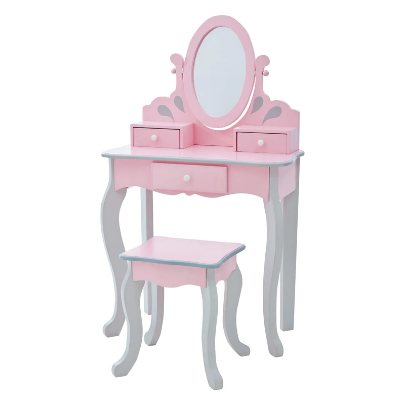 Teamson Kids Princess Rapunzel Wooden 2-pc. Play Vanity Set With Three Storage Drawers, Rotating Oval Mirror and Matching Stool to Play Dress-Up, Princess or Beauty Salon, Pink and Grey