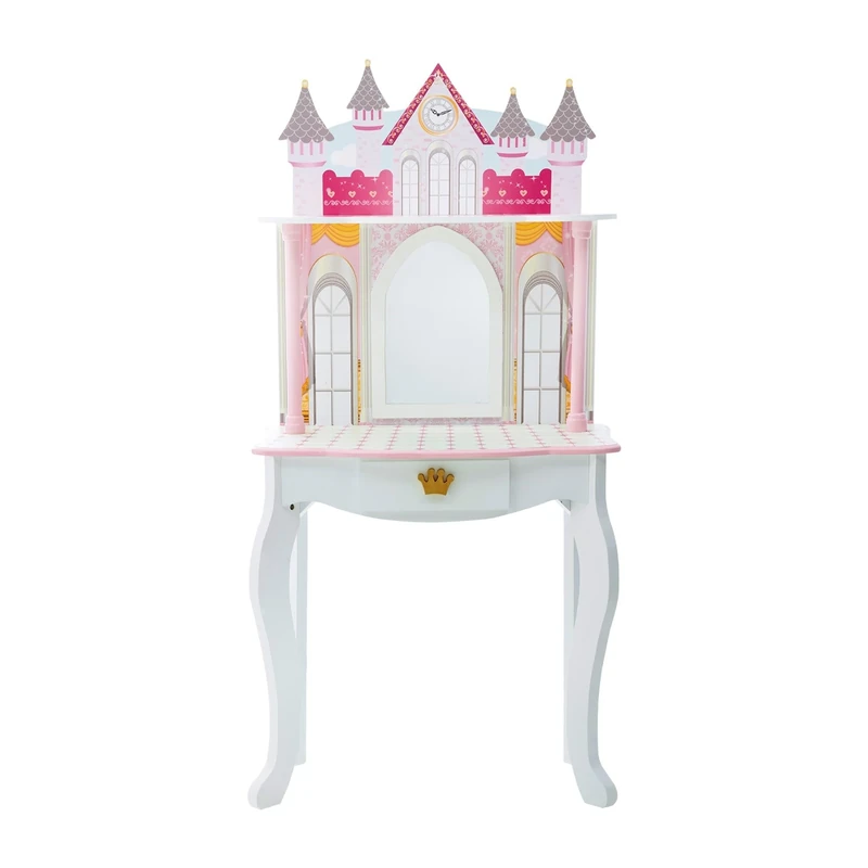 Teamson Kids Dreamland Princess Play Vanity Set with Mirror, Shelf, Storage Drawer, Stool, and Accessories for 12" Dolls, White and Pink