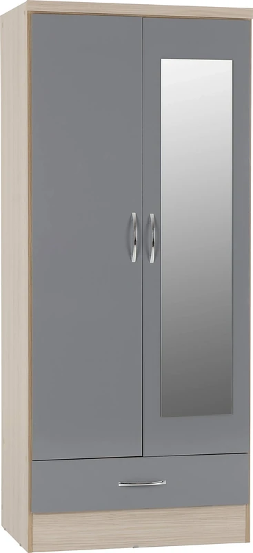 Seconique Nevada Mirrored 2 Door Wardrobe in Grey Gloss/Light Oak Effect Veneer