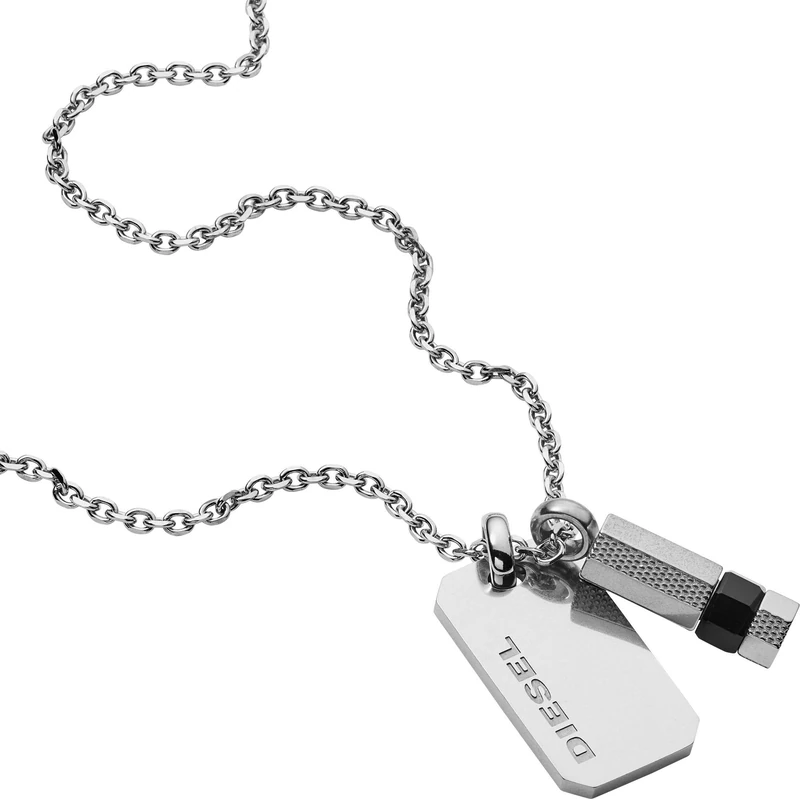 Diesel Necklace for Men Double Pendant, 50cm+5cm Silver Stainless Steel Necklace, DX1156040