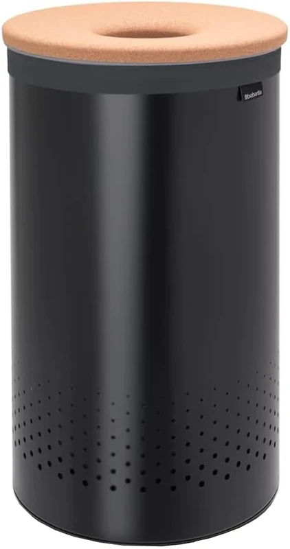 Brabantia - Laundry Bin - Cork Lid - Portable Laundry Bag Inside - Quick-drop Opening - Basket with Ventilation Holes - Non-Scratching Bottom - Corrosion Resistant - Natural Look - Matt Black - 60L