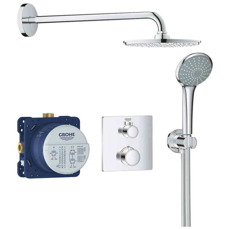 GROHE Grohtherm – Concealed Shower Set for Final Installation with Aquadimmer (Shower Arm 422 mm, 210 mm Head Shower, 110 mm Hand Shower, Shower Hose 1.25 m, Thermostat), Chrome, 34734000