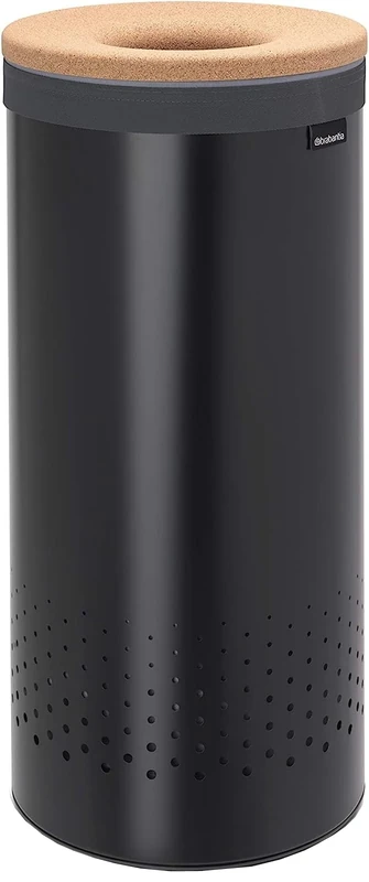 Brabantia - Laundry Bin - Cork Lid - Portable Laundry Bag Inside - Quick-drop Opening - Basket with Ventilation Holes - Non-Scratching Bottom - Corrosion - Alloy Steel - Resistant - Matt Black - 35L