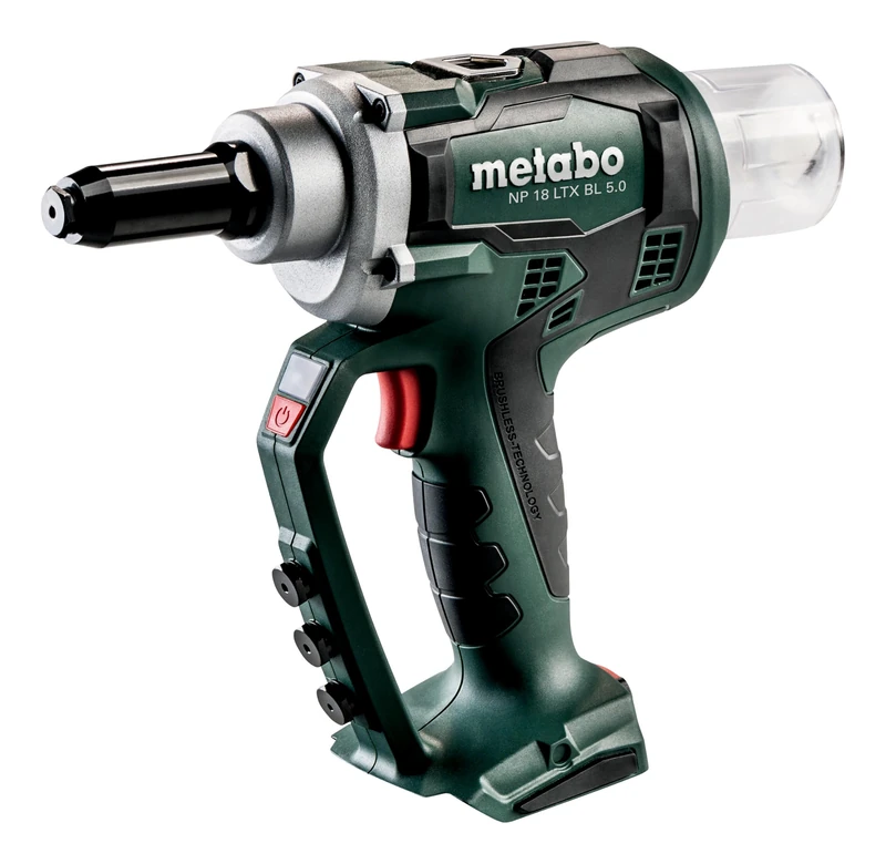 metabo Cordless Blind Rivet Gun NP 18 LTX BL 5.0-18V, CAS, 10,000 N Setting Force, for 2.4-5 mm Rivets in All Materials, 6 mm in Aluminium, brushless Motor, Ergonomic, Wireless, Precise Rivet