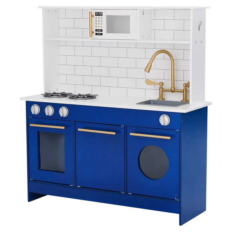 Blue Kids Toy Kitchen Wooden Cooker Children Imitation Play TeamsonKidsTD12681B