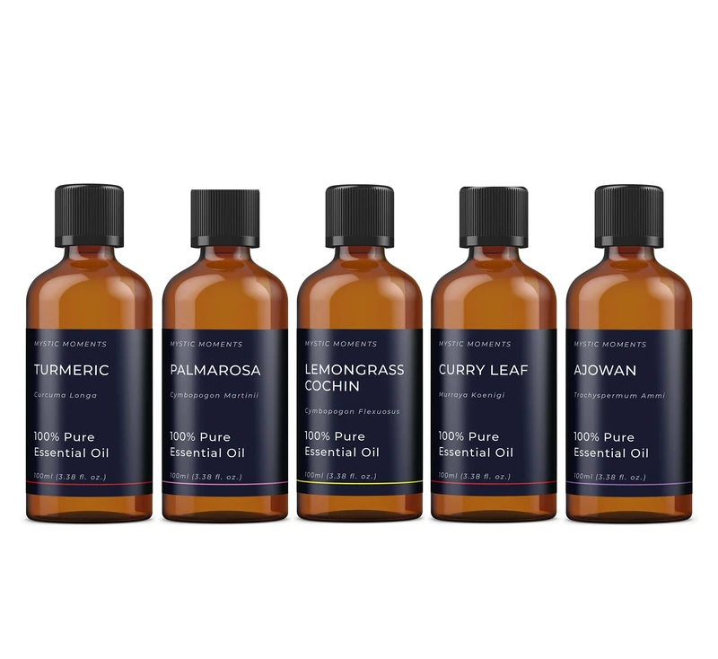 Mystic Moments | Essential Oils of India Gift Starter Pack | 5 x 100ml Pure Aromatherapy Oils – Patchouli Pogostemon cablin, Sandalwood, Ginger, Black Pepper & Jasmine | Warm Exotic Home Ambience
