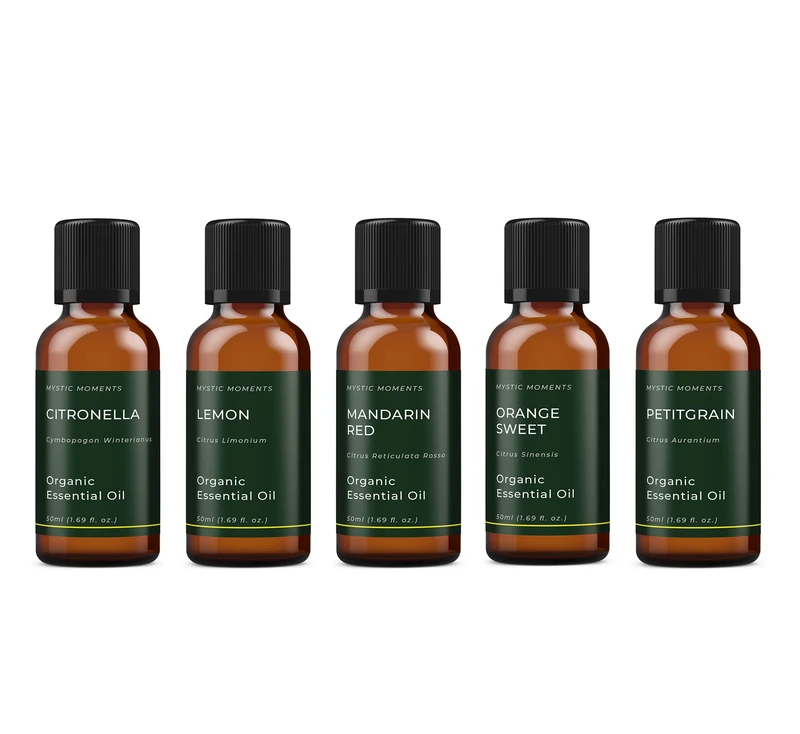 Mystic Moments | Citrus Organic Essential Oil Gift Starter Pack 5x50ml | Citronella, Lemon, Mandarin Red, Orange Sweet, Petitgrain | Perfect as a Gift