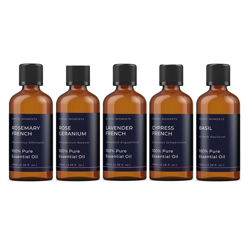 Mystic Moments | Essential Oils of France Gift Starter Pack | 5 x 100ml Pure Aromatherapy Oils – Lavender Lavandula angustifolia, Rosemary, Basil, Lemon & Cypress | Fresh Herbal Home Ambience