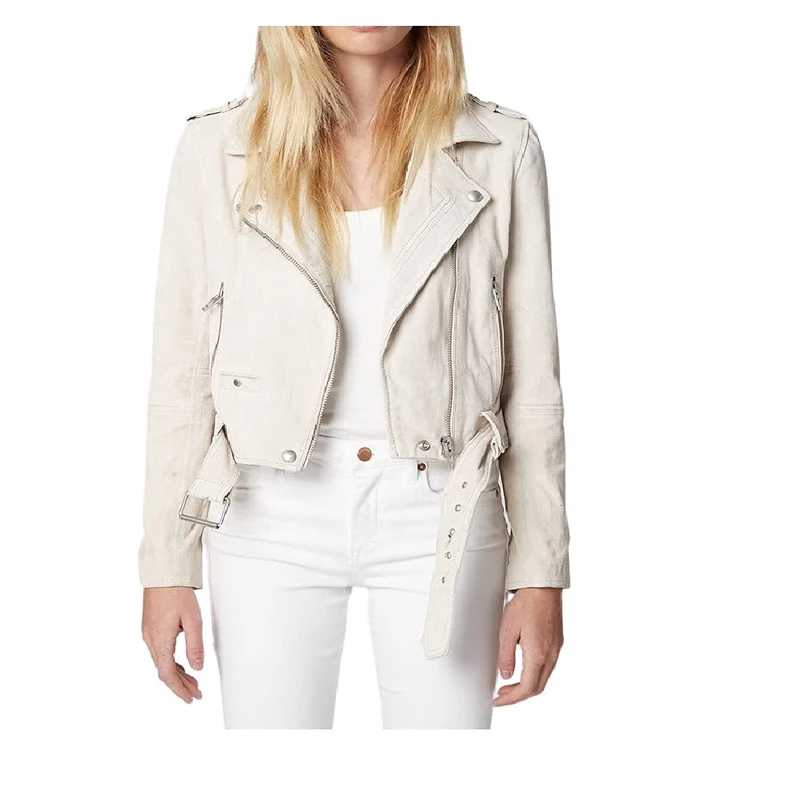 [BLANKNYC] Womens Luxury Clothing Cropped Suede Leather Motorcycle Jackets, Comfortable & Stylish Coats, White Sand, large