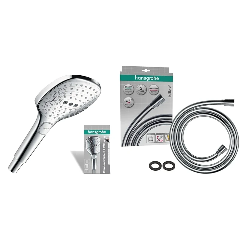 hansgrohe Raindance Select E 120 Hand Shower, 3 Sprays, Chrome, 26520000 & hansgrohe Isiflex Shower Hose 1,60m, Anti-Kink and Tangle Free, Chrome, 28276000
