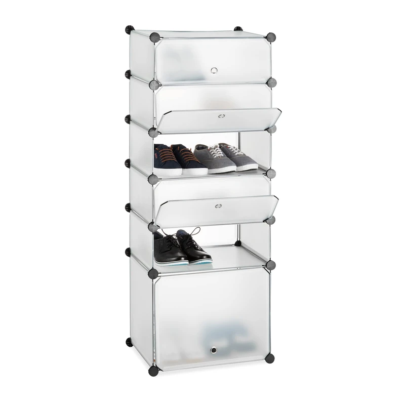 Relaxdays Plastic Shoe Cabinet, Modular Shelving System with 6 Compartments and Doors, DIY, HWD 52 x 37 x 9 cm, Transparent
