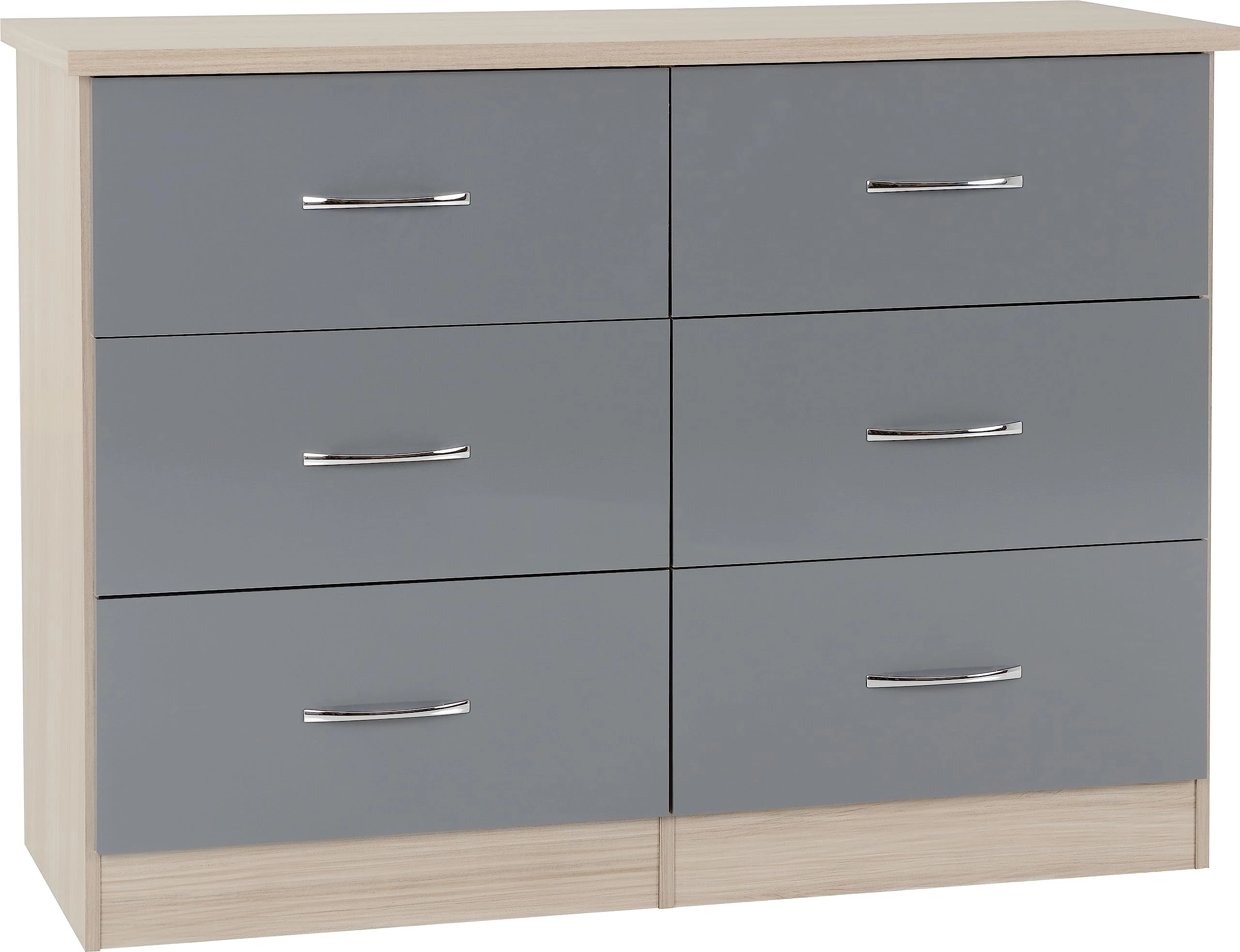 Seconique Nevada 6 Drawer Chest in Grey Gloss/Light Oak Effect Veneer