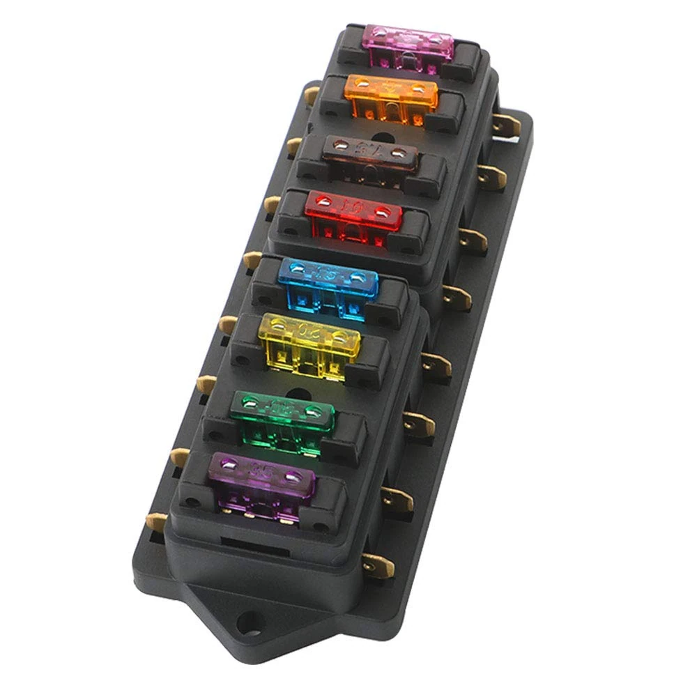 QitinDasen Premium Car 8-Way Fuse Holder, Universal Standard Blade Fuse Box, Fuse Block with Cover, 10 Pieces Standard Blade Fuse, for Car, Boat, Marine Trike (12 V/24 V)