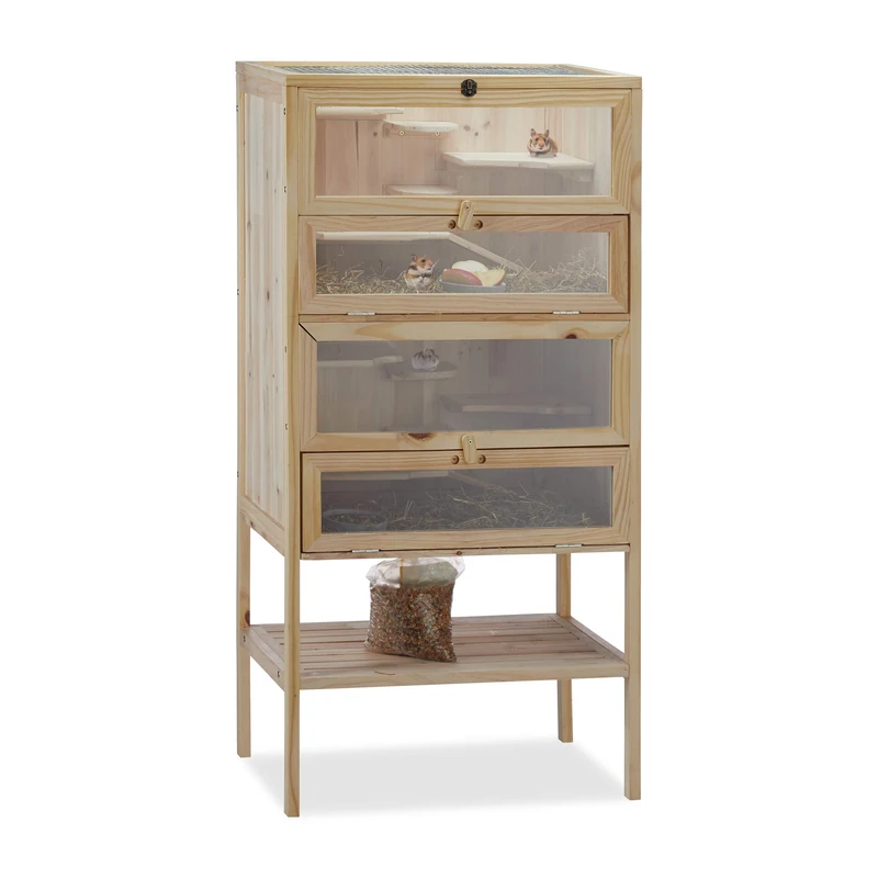 Relaxdays Wooden Hamster Cage, 3 Storeys, Windows, Grid Roof, Rodent Pen, XXL, HWD: 120x60x40 cm, Natural