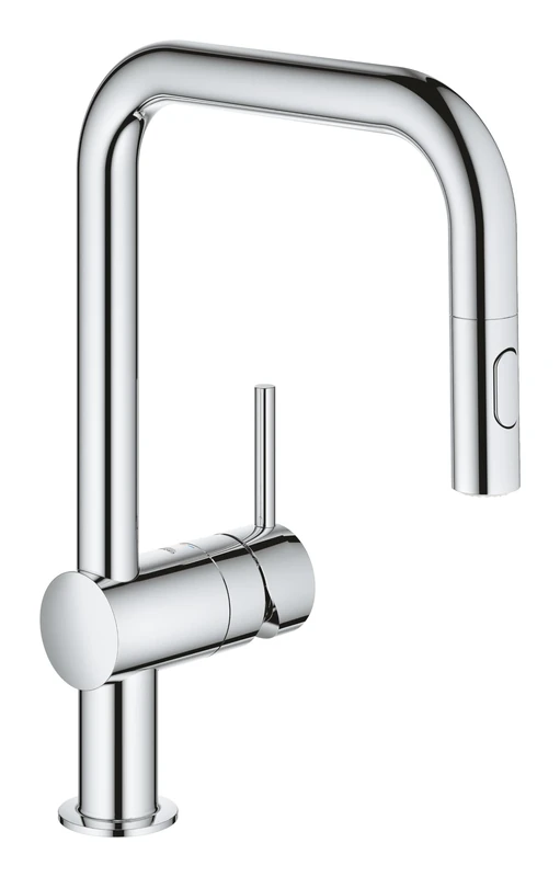 GROHE Minta - Kitchen Sink Pull-Out Mixer Tap (2 Spray Options, High U-Spout, 360° Swivel Range, 46 mm Ceramic Cartridge, Smooth Docking Back to Start, Tails 3/8 Inch), Size 353 mm, Chrome, 32322002