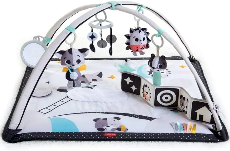 Tiny Love Black & White Gymini, 2-in-1 Musical Baby Play Mat, 0+ Months, Baby Play Gym, 18 Activities, Interactive Musical Toy, High Contrast Book, Adjustable Arches, Magical Tales