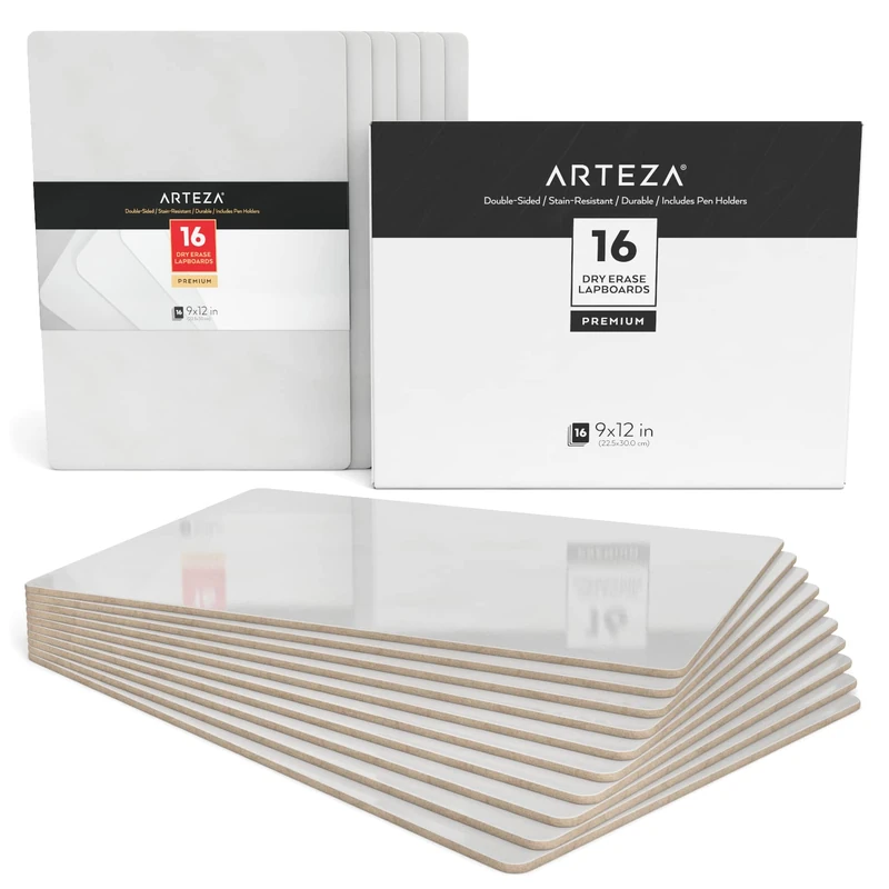 ARTEZA Small White Board, Bulk Set of 16 Double Sided Dry Erase Lapboards 9x12 in Stationary Supplies Teachers and Office Work