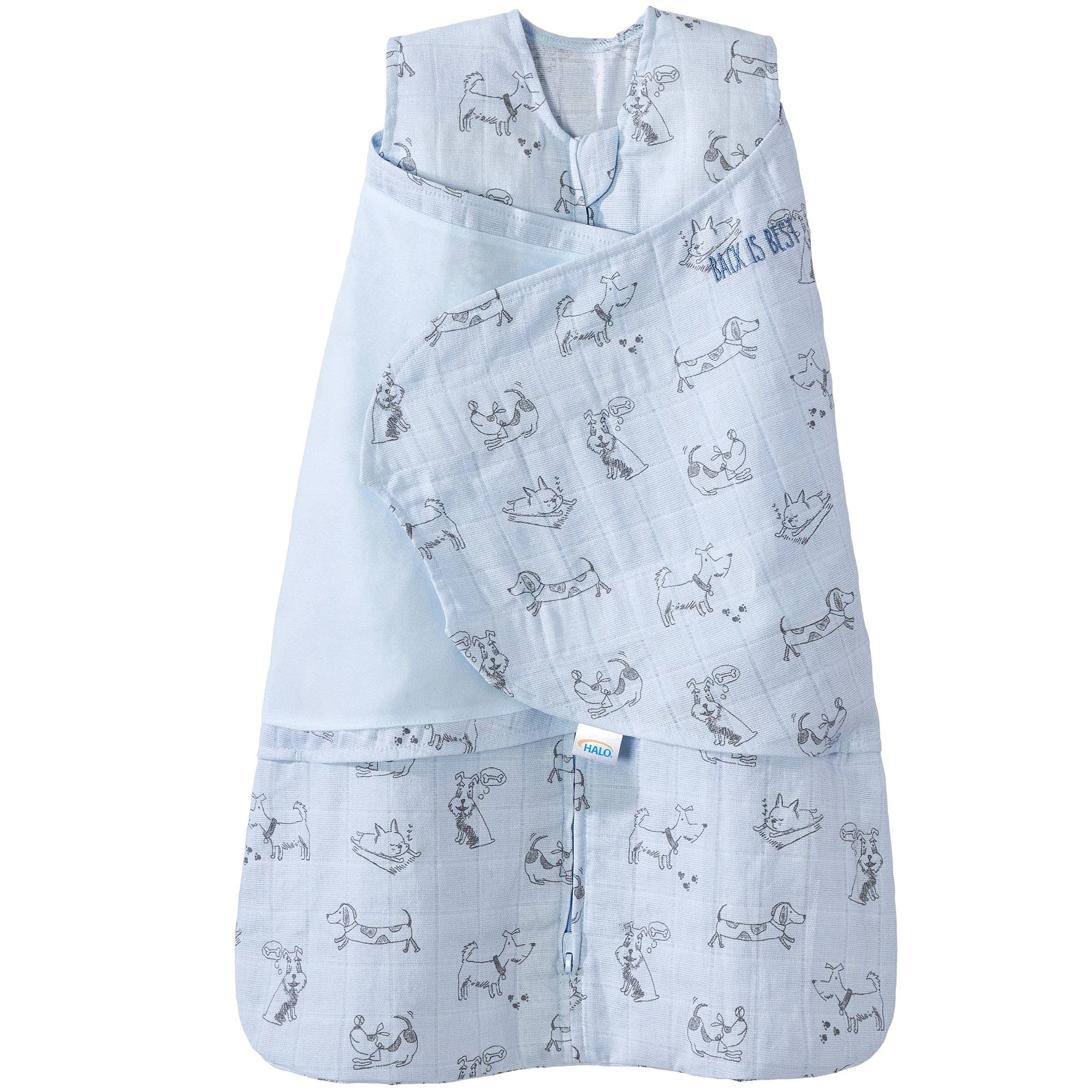 Halo 100% Cotton Muslin Sleepsack Swaddle Wearable Blanket, Blue Dogs, Newborn