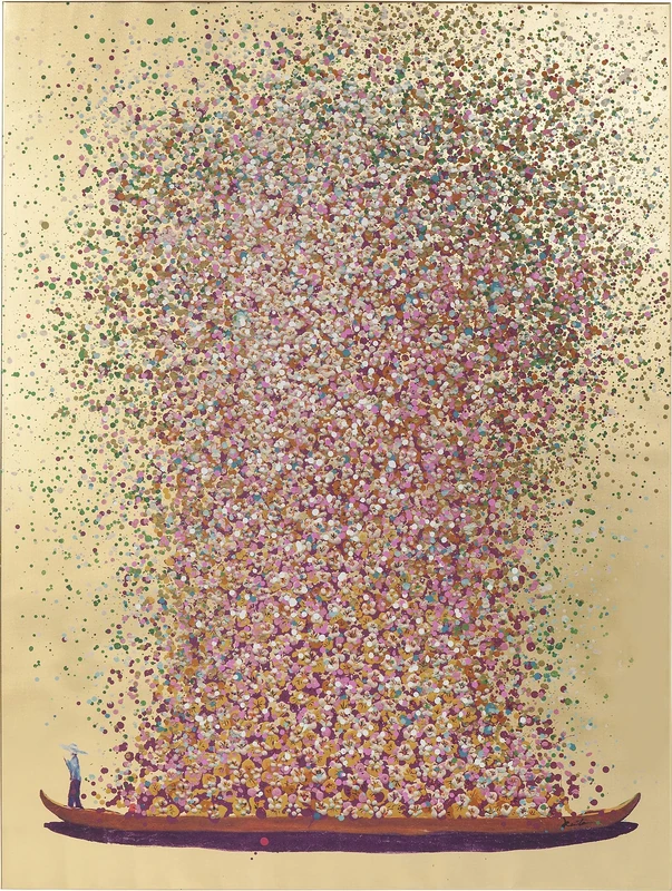 Kare Design Picture Touched Flower Boat, Gold/Pink, Cotton, Canvas Print, Hand Painted Details, Creative Wall Art for Living Room, Bedroom, Hallway, 100x80x4 cm (H/W/D)