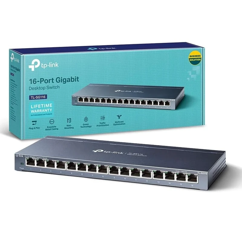TP-Link TL-SG116 16-Port Desktop Gigabit Network Switch, Green Power-Saving Ethernet Splitter, Support 802.1p/DSCP QoS and IGMP Snooping Function, Wall-Mounting Design, Plug & Play