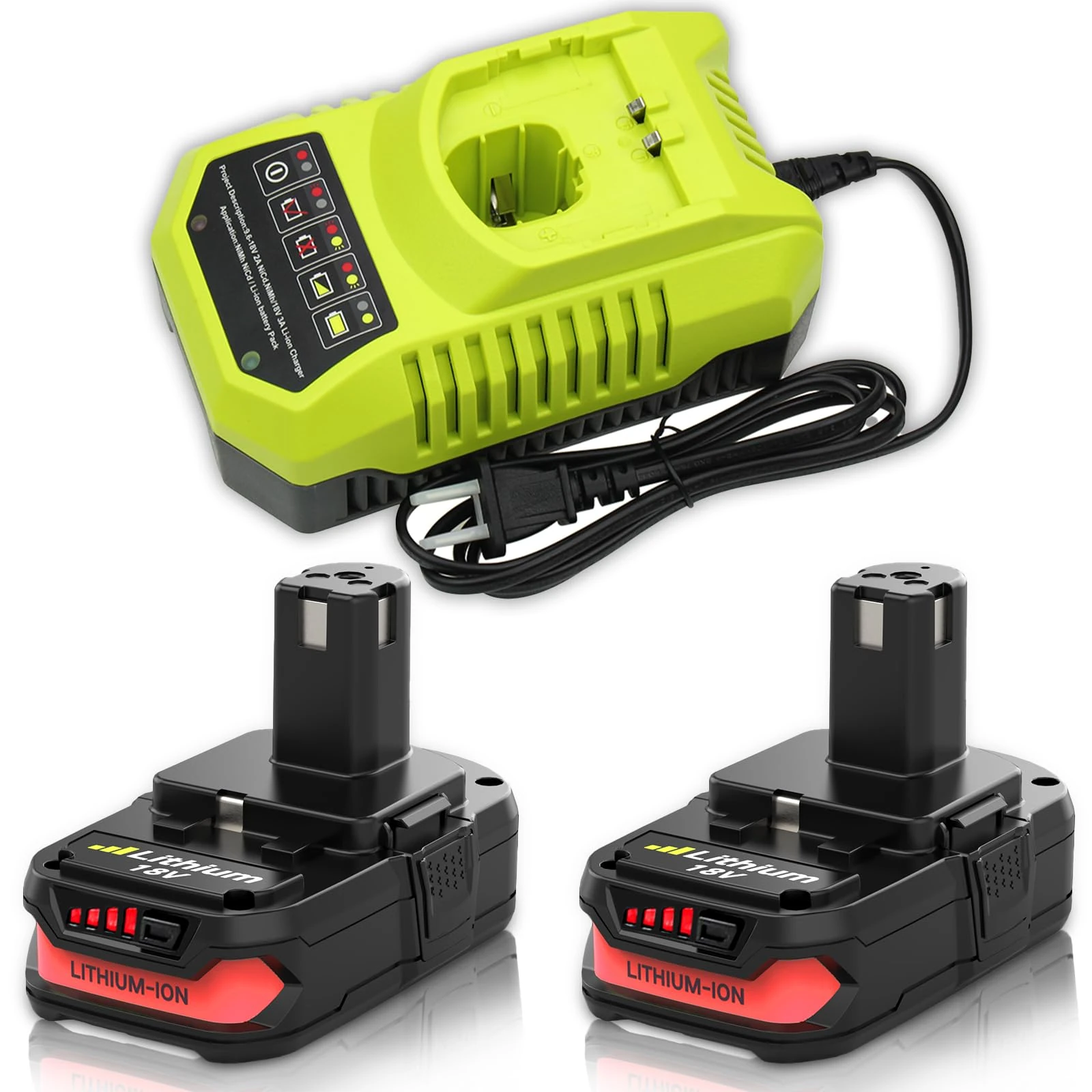 2pcs RB18L50 18V 5,5Ah replacement battery for Ryobi battery + 1pcs 9,6V-18V 3A for Ryobi Lithium-Ion & NI-Mh charger BCL14181H (Red)