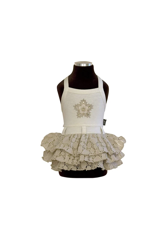 Trilly Tutti Brilli Elena Women's Jersey Dress with Lace and Flower with Swarovski Stones, Beige, XS