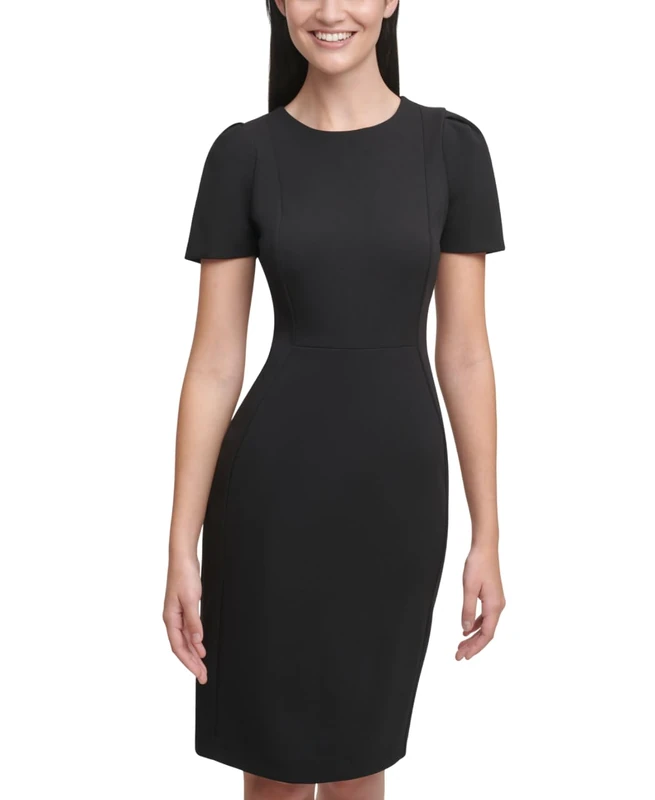 Calvin Klein Women's Short Sleeved Princess Seamed Sheath Dress, Black, 8