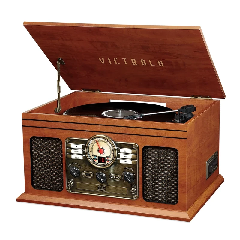 Victrola Classic 6-in-1 Entertainment Center – Bluetooth Record Player with 3-Speed Turntable, CD and Cassette Player and FM Radio, Mahogany (VTA-200B)