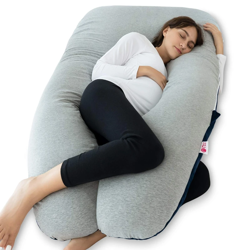 Meiz Full Body Pregnancy Pillow - With Velvet & Jersey Cover - For Pregnant Women - Side Sleeping And Back Support - Blue & Grey - Image 1
