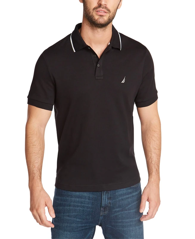 Nautica Men's Classic Fit Short Sleeve Dual Tipped Collar Polo Shirt, True Black, XL - Image 1